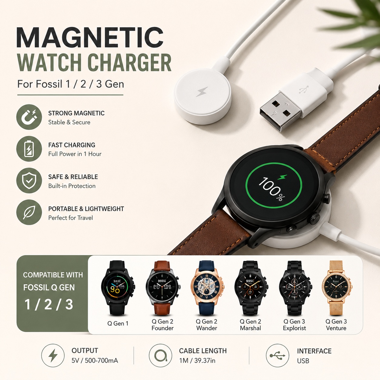 Fossil Smartwatch Accessories - شاحن ساعة USB، محول شحن للساعات